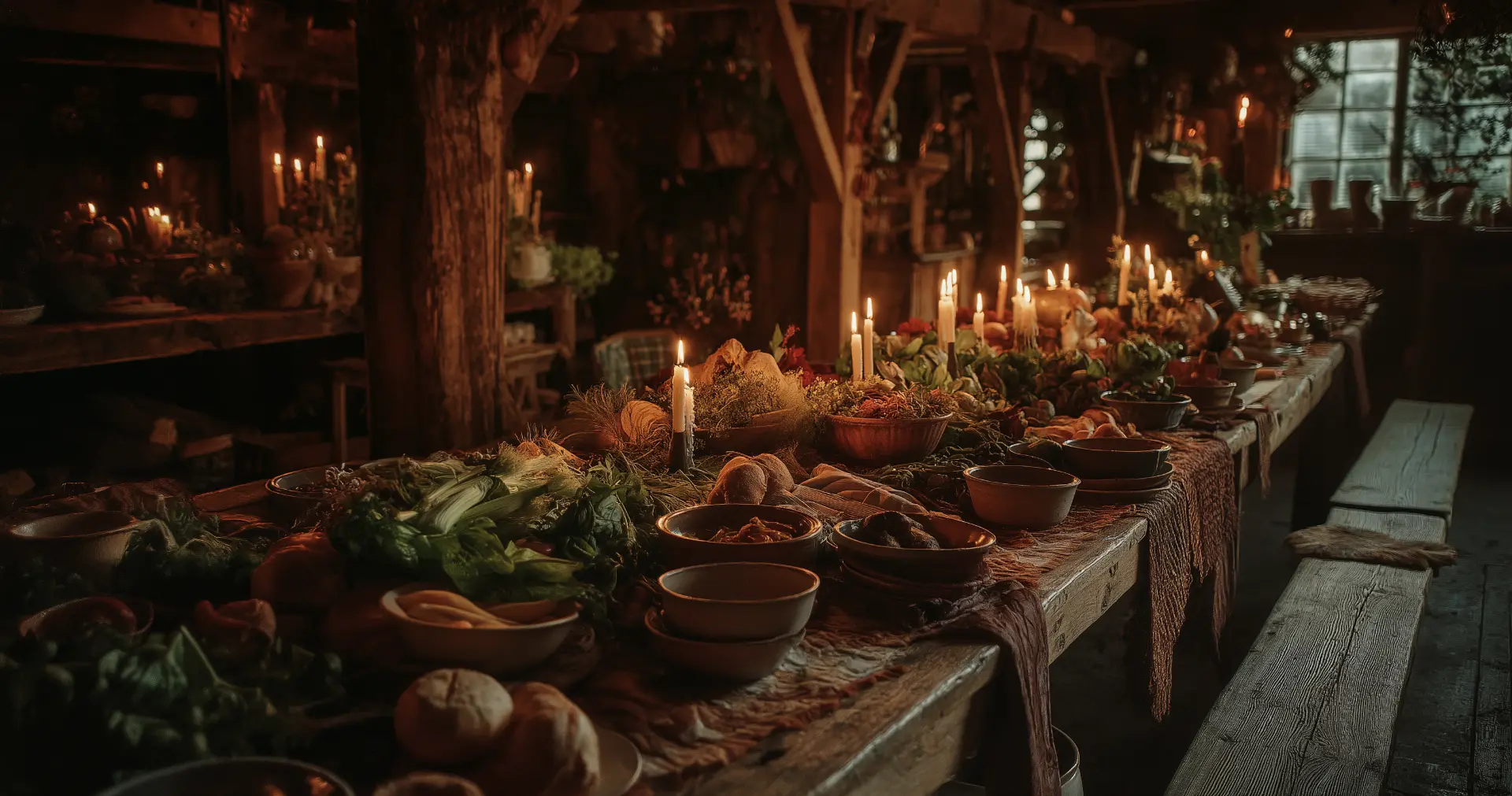 A long candlelit wooden table with bowls of seasonal food being passed between hands